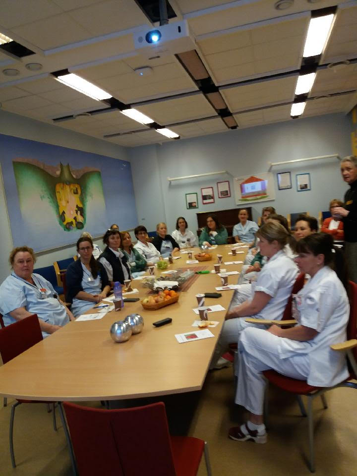 Omkring 20 sjuksköterskor sitter vid ett bord och tittar in i kameran. På bordet står kaffekoppar, frukt och kvinnojourens broschyrer.